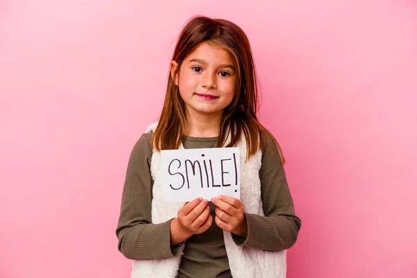 Young Little Girl Holding Smile Banner Pink Background — Stock Photo, Image