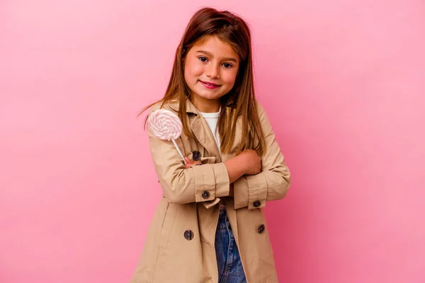 Little Caucasian Girl Holding Lollipop Isolated Pink Background Laughing Having — Stock Photo, Image