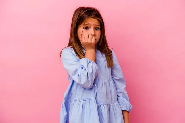 Little Caucasian Girl Isolated Pink Background Biting Fingernails Nervous Very — Stock Photo, Image