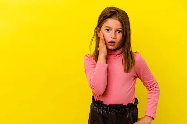 Little Caucasian Girl Isolated Yellow Background Shouts Loud Keeps Eyes — Stock Photo, Image