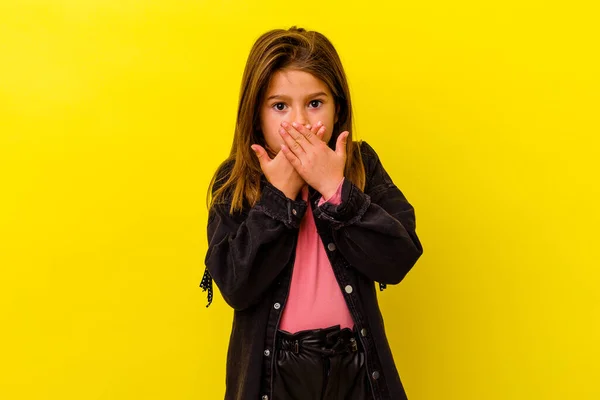 Little Caucasian Girl Isolated Yellow Background Shocked Covering Mouth Hands — Stock Photo, Image