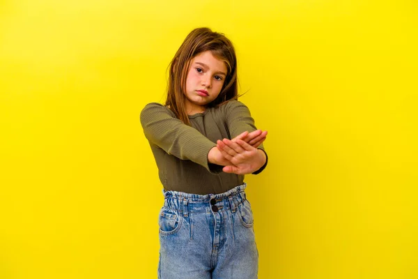 Little Caucasian Girl Isolated Yellow Background Doing Denial Gesture — Stock Photo, Image