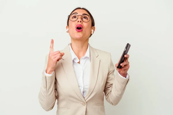 Young Business Woman Holding Mobile Phone Isolated White Background Pointing — Stock Photo, Image