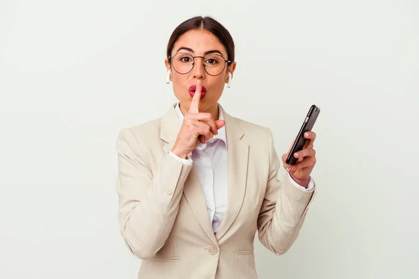 Young Business Woman Holding Mobile Phone Isolated White Background Keeping — Stock Photo, Image