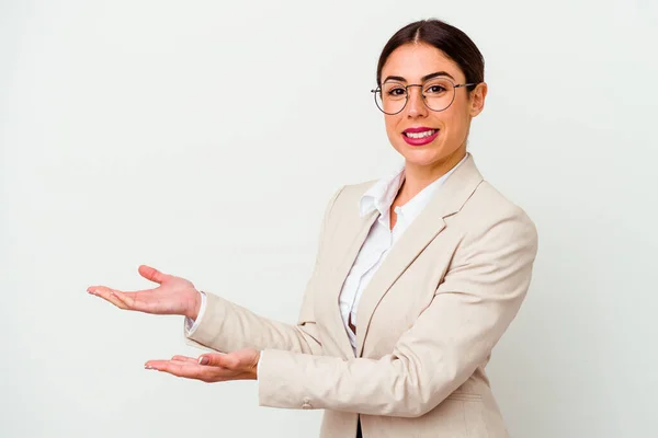 Young Business Caucasian Woman Isolated White Background Holding Copy Space — Stock Photo, Image