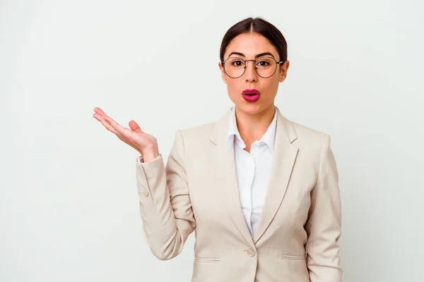 Young Business Caucasian Woman Isolated White Background Impressed Holding Copy — Stock Photo, Image