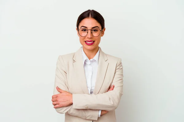 Young Business Caucasian Woman Isolated White Background Who Feels Confident — Stock Photo, Image