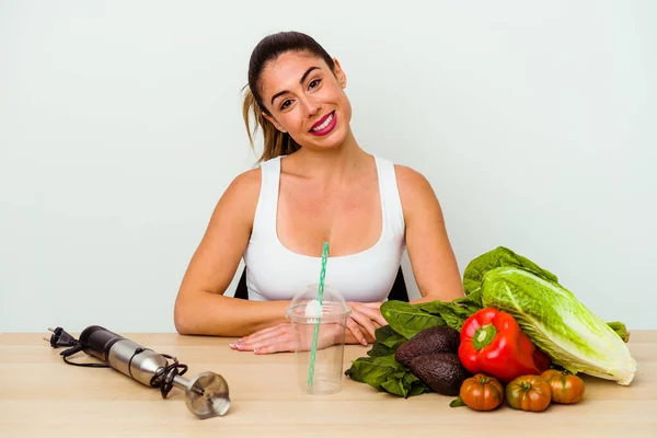 Young Caucasian Woman Preparing Healthy Smoothie Vegetables Happy Smiling Cheerful — Stock Photo, Image