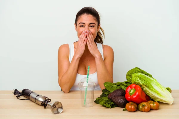 Young Caucasian Woman Preparing Healthy Smoothie Vegetables Laughing Something Covering — Stock Photo, Image