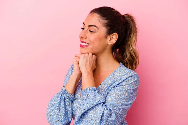 Jonge Blanke Vrouw Geïsoleerd Roze Achtergrond Tonen Duimen Omhoog Duimen — Stockfoto