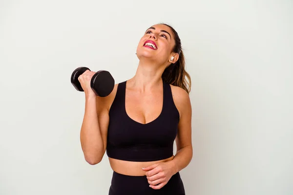 Joven Mujer Fitness Con Mancuernas Aisladas Sobre Fondo Blanco —  Fotos de Stock