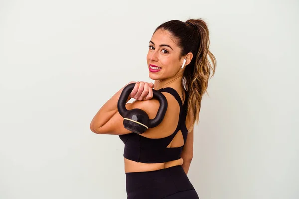 Jonge Fitness Vrouw Met Halters Geïsoleerd Witte Achtergrond — Stockfoto