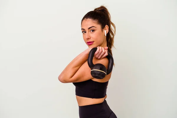 Jonge Fitness Vrouw Met Halters Geïsoleerd Witte Achtergrond — Stockfoto