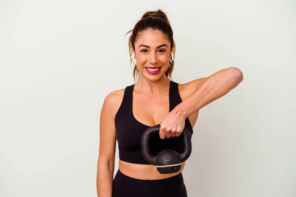 Jonge Fitness Vrouw Met Halters Geïsoleerd Witte Achtergrond — Stockfoto