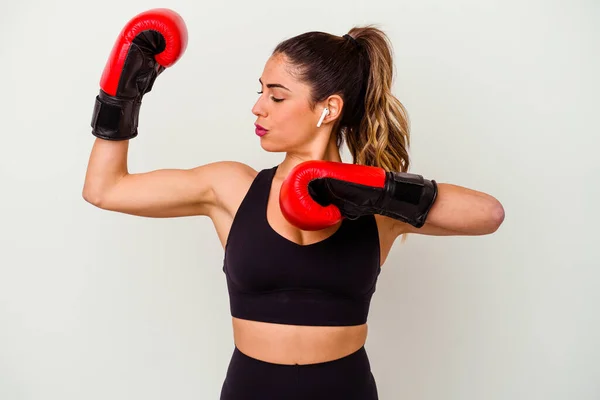 Young Caucasian Woman Fighting Boxing Gloves Isolated White Background — Stock Photo, Image