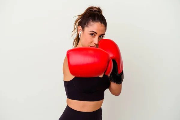 Young Caucasian Woman Fighting Boxing Gloves Isolated White Background — Stock Photo, Image