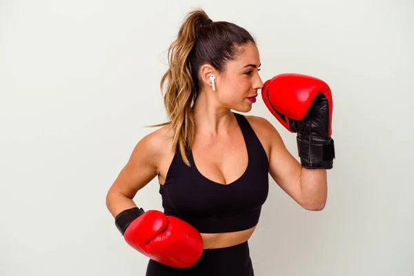 Young Caucasian Woman Fighting Boxing Gloves Isolated White Background — Stock Photo, Image