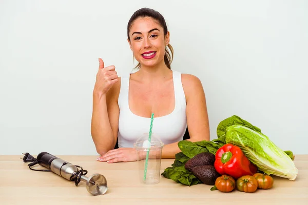 Young Caucasian Woman Preparing Healthy Smoothie Vegetables Smiling Raising Thumb — Stock Photo, Image