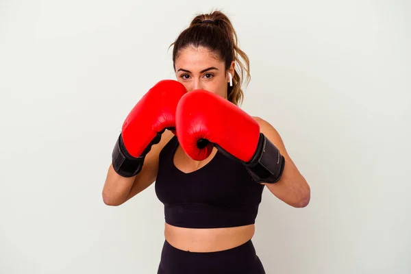 Young Caucasian Woman Fighting Boxing Gloves Isolated White Background — Stock Photo, Image