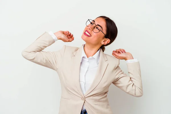 Unga Företag Kaukasiska Kvinna Isolerad Vit Bakgrund Stretching Armar Avslappnad — Stockfoto