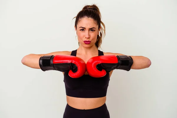 Young Caucasian Woman Fighting Boxing Gloves Isolated White Background — Stock Photo, Image