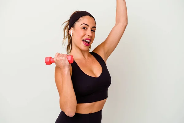 Jonge Fitness Vrouw Met Halters Geïsoleerd Witte Achtergrond — Stockfoto