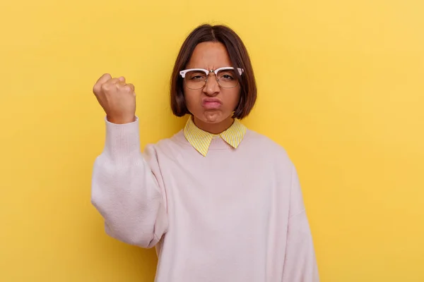 Young Student Mixed Race Woman Isolated Yellow Background Showing Fist — Stock Photo, Image