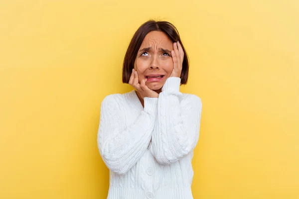 Young Mixed Race Woman Isolated Yellow Background Whining Crying Disconsolately — Stock Photo, Image
