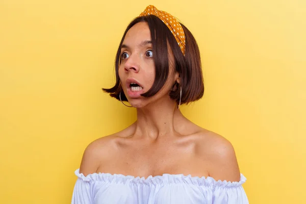 Young Mixed Race Woman Isolated Yellow Background Being Shocked Because — Stock Photo, Image