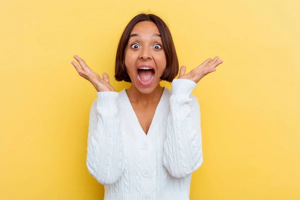 Young Mixed Race Woman Isolated Yellow Background Celebrating Victory Success — Stock Photo, Image