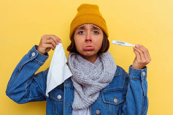 Young Mixed Race Woman Cold Yellow Background — Stock Photo, Image