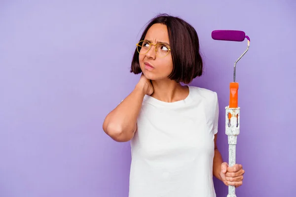 Young Painter Mixed Race Woman Holding Paint Stick Isolated Purple — Stock Photo, Image