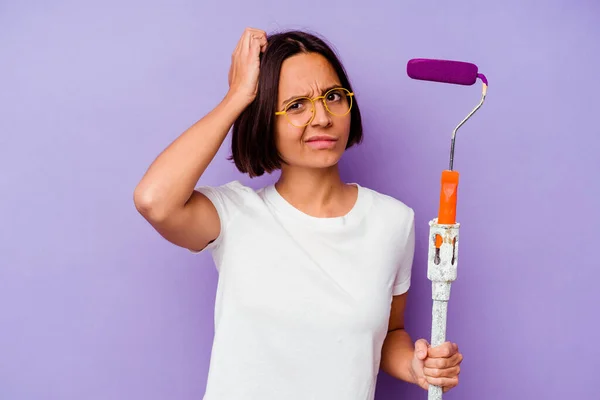 Young Painter Mixed Race Woman Holding Paint Stick Isolated Purple — Stock Photo, Image