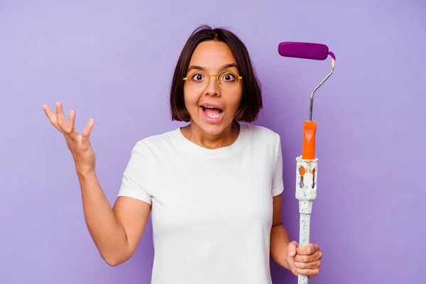 Young Painter Mixed Race Woman Holding Paint Stick Isolated Purple — Stock Photo, Image