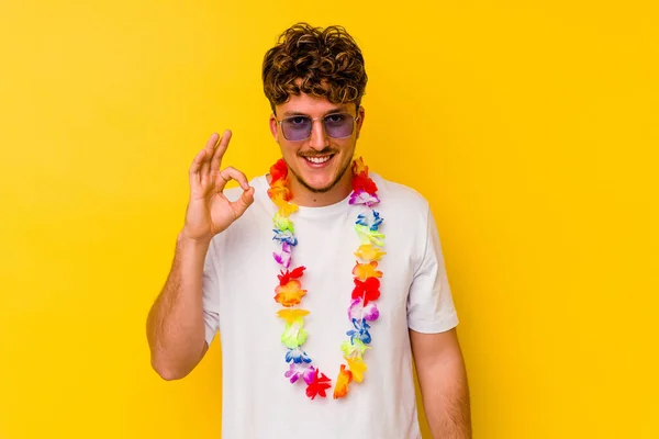 Young Caucasian Man Wearing Hawaiian Party Stuff Isolated Yellow Background — Stock Photo, Image
