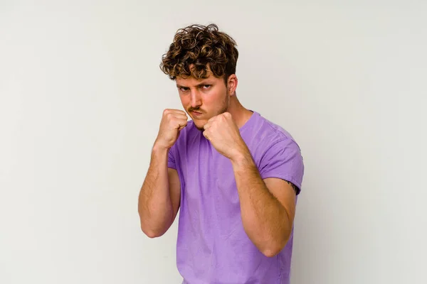 Young Caucasian Man Isolated White Background Throwing Punch Anger Fighting — Stock Photo, Image