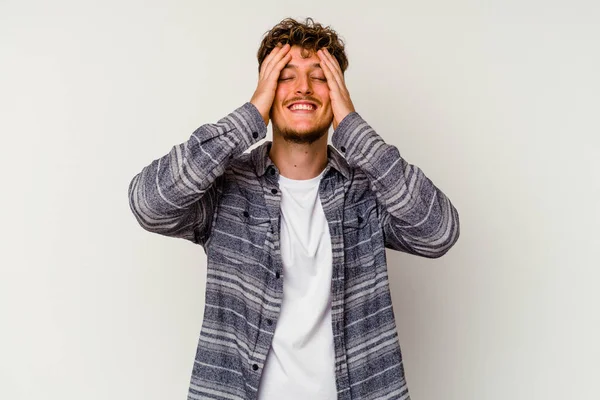 Young Caucasian Man Isolated White Background Laughs Joyfully Keeping Hands — Stock Photo, Image