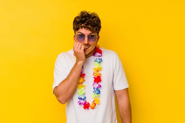 Young Caucasian Man Wearing Hawaiian Party Stuff Isolated Yellow Background — Stock Photo, Image