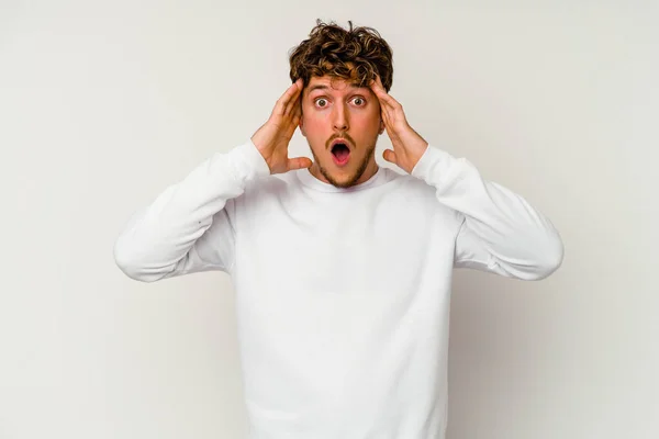 Young Caucasian Man Isolated White Background Having Fun Covering Half — Stock Photo, Image