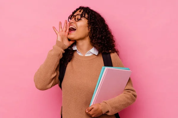 Young Student Mixed Race Woman Isolated Pink Background Shouting Holding — Stock Photo, Image