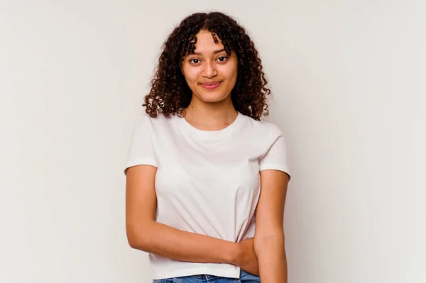 Joven Mixta Mujer Cara Primer Plano Aislado Sobre Fondo Blanco — Foto de Stock