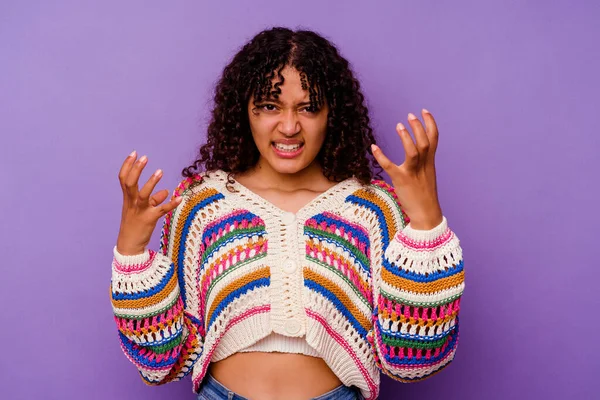 Young Mixed Race Woman Isolated Purple Background Screaming Rage — Stock Photo, Image