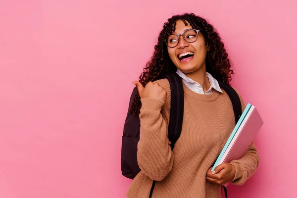 Young Student Mixed Race Woman Isolated Pink Background Points Thumb — Stock Photo, Image