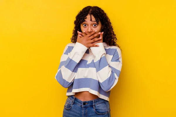 Young Mixed Race Woman Isolated Yellow Background Shocked Covering Mouth — Stock Photo, Image