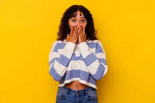 Young Mixed Race Woman Isolated Yellow Background Shocked Covering Mouth — Stock Photo, Image