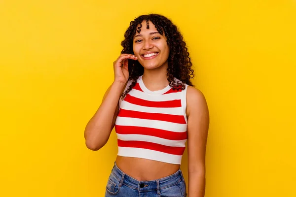 Young Mixed Race Woman Isolated Yellow Background Laughing Something Covering — Stock Photo, Image
