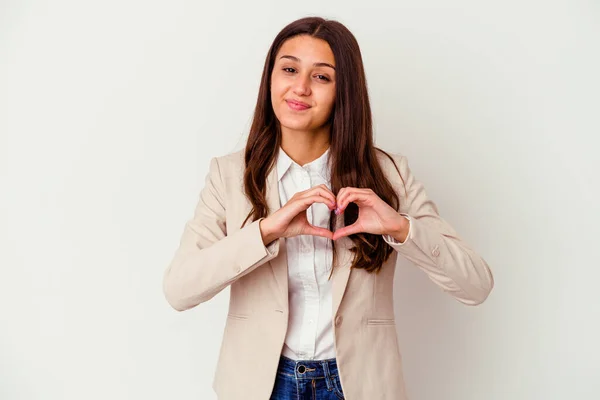 Jovem Mulher Negócios Indiana Isolada Fundo Branco Sorrindo Mostrando Uma — Fotografia de Stock