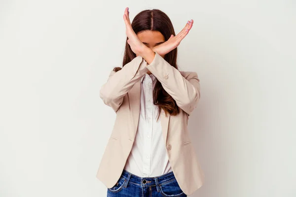 Young Indian Business Woman Isolated White Background Keeping Two Arms — Stock Photo, Image