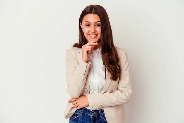 Jovem Indiana Mulher Negócios Isolado Fundo Branco Sorrindo Feliz Confiante — Fotografia de Stock
