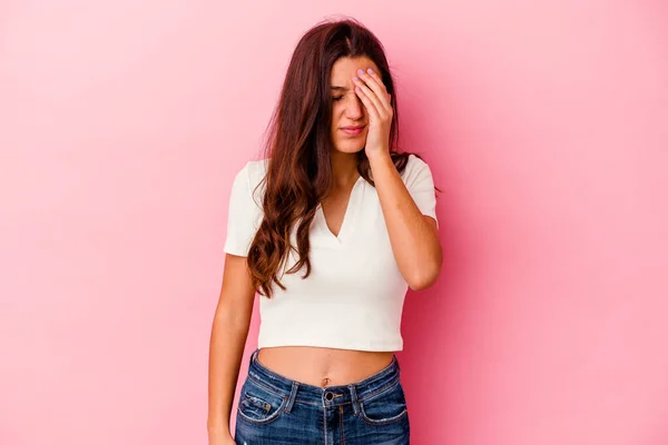 Young Indian Woman Isolated Pink Background Having Head Ache Touching — Stock Photo, Image